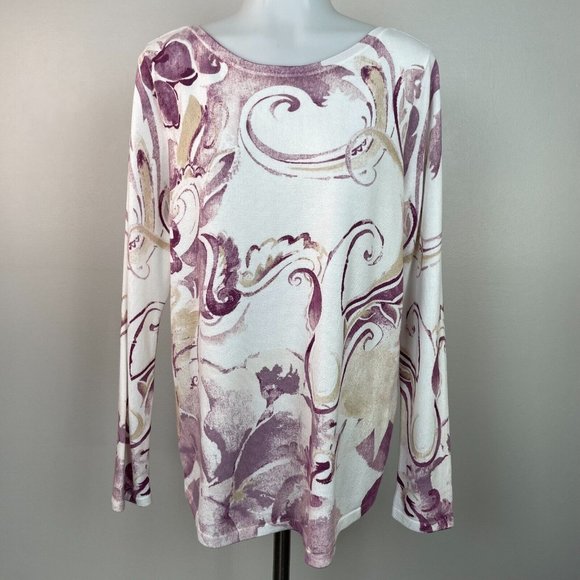 Chico's 1 Women's Medium Sweater Purple White Cream Paisley Bateau Neck Pullover - Picture 3 of 15